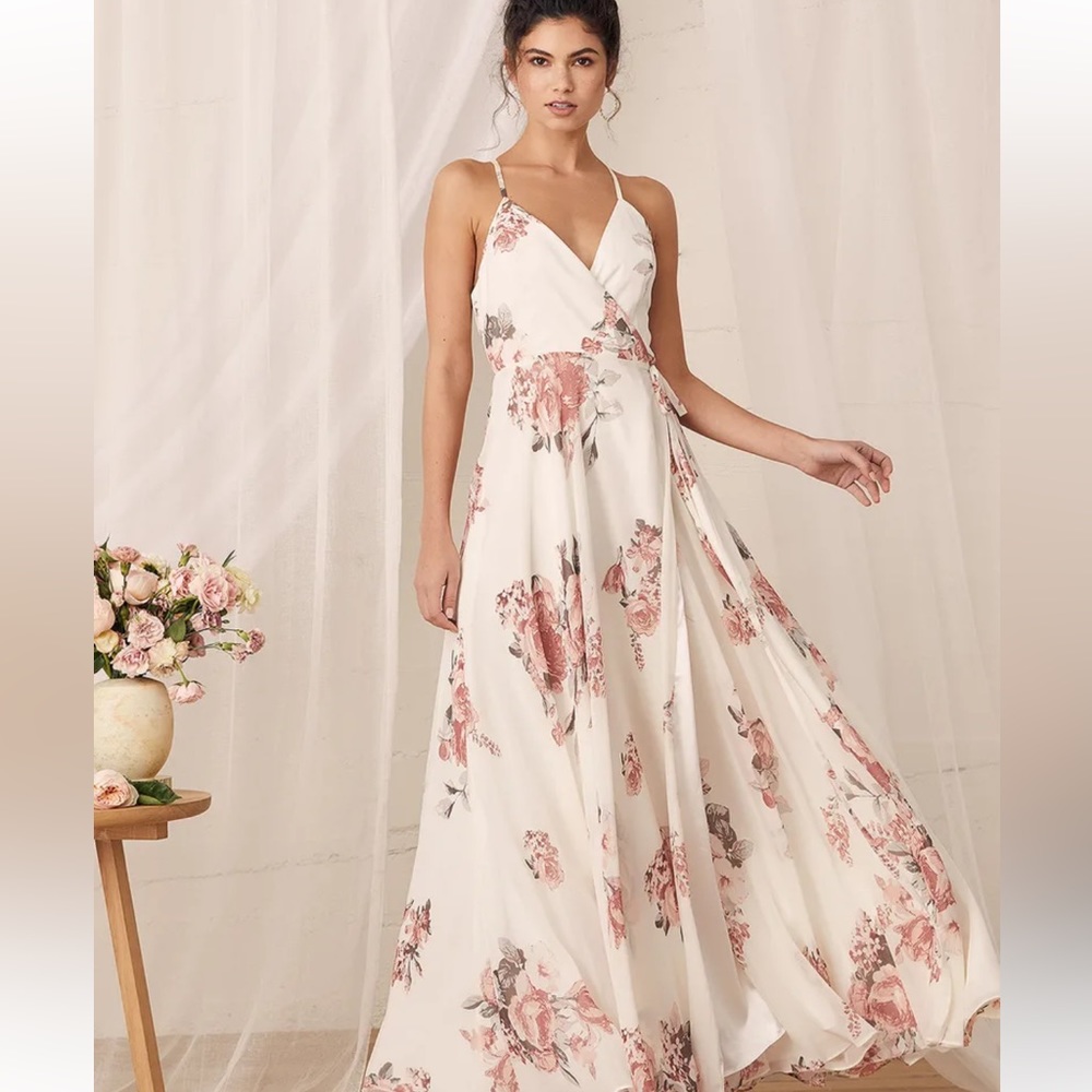 Lulu’s Elegantly Inclined Cream Floral Print Wrap Maxi Dress NWOT